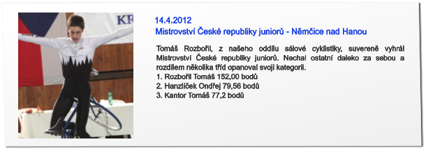 Tomáš Rozbořil, z našeho oddílu sálové cyklistiky, suvereně vyhrál Mistrovství České republiky juniorů. Nechal ostatní daleko za sebou a rozdílem několika tříd opanoval svoji kategorii.  1. Rozbořil Tomáš 152,00 bodů 2. Hanzlíček Ondřej 79,56 bodů 3. Kantor Tomáš 77,2 bodů 14.4.2012 Mistrovství České republiky juniorů - Němčice nad Hanou